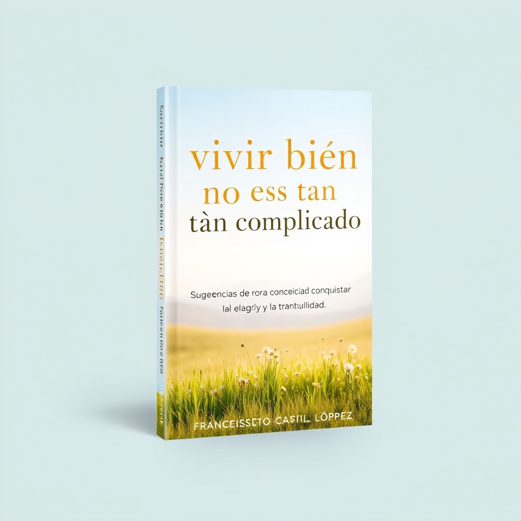 A book cover design for 'Vivir bien no es tan complicado', with the subtitle 'Sugerencias de oro para conquistar la alegría y la tranquilidad'