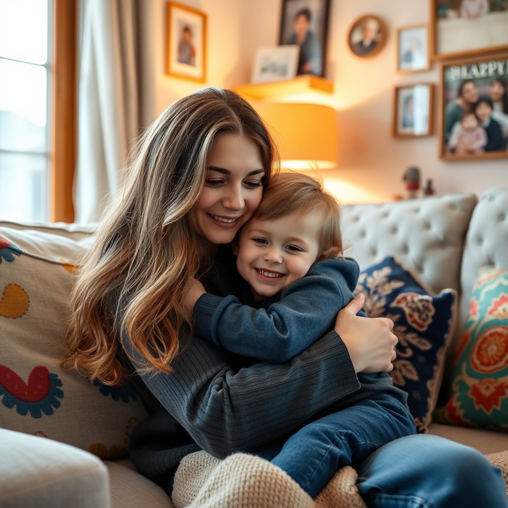 A tender scene of a mother warmly embracing her child in a cozy living room, surrounded by soft light and a comfortable atmosphere