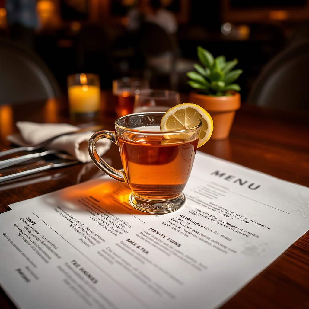 A beautifully arranged table setting featuring a printed menu sheet lying flat on the table