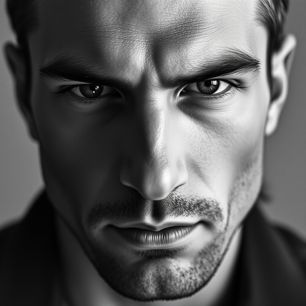 Intense Close-Up Portrait of a Handsome Man in Black and White