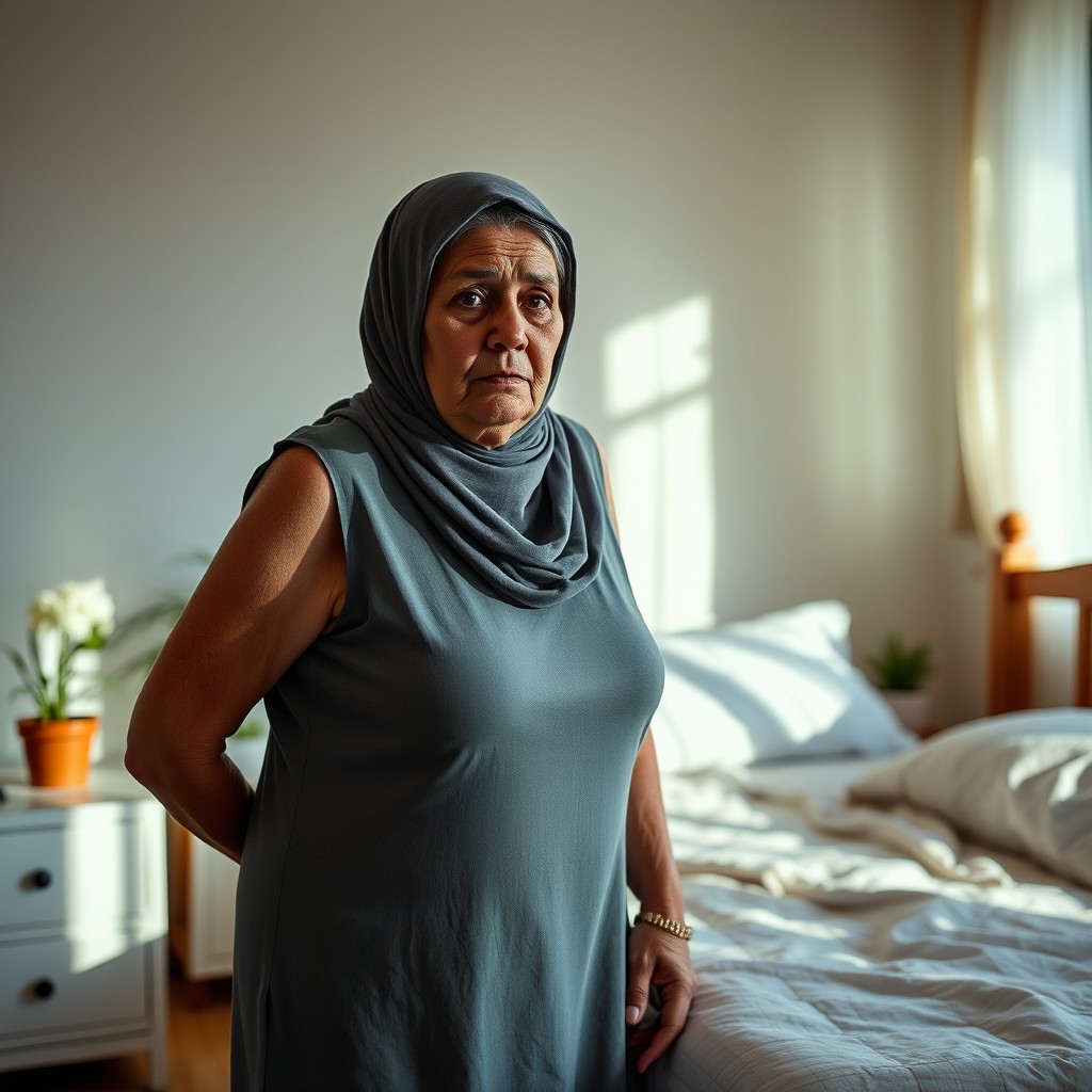 A 60-year-old Arab woman, slightly overweight, wearing a hijab and a short, sleeveless dress, stands apprehensively near a bed
