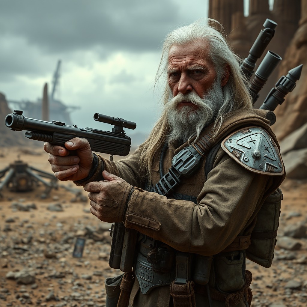 An older male bounty hunter in the Star Wars universe, characterized by long white hair, rugged and weathered features, holding a rifle confidently and pointing at something off-screen