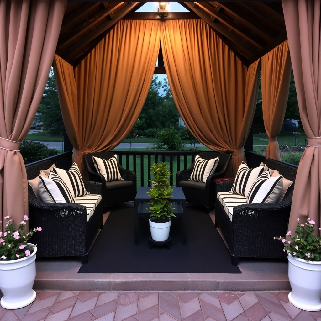 A rich chic gazebo setting featuring dark brown wicker chairs adorned with black and white striped pillows
