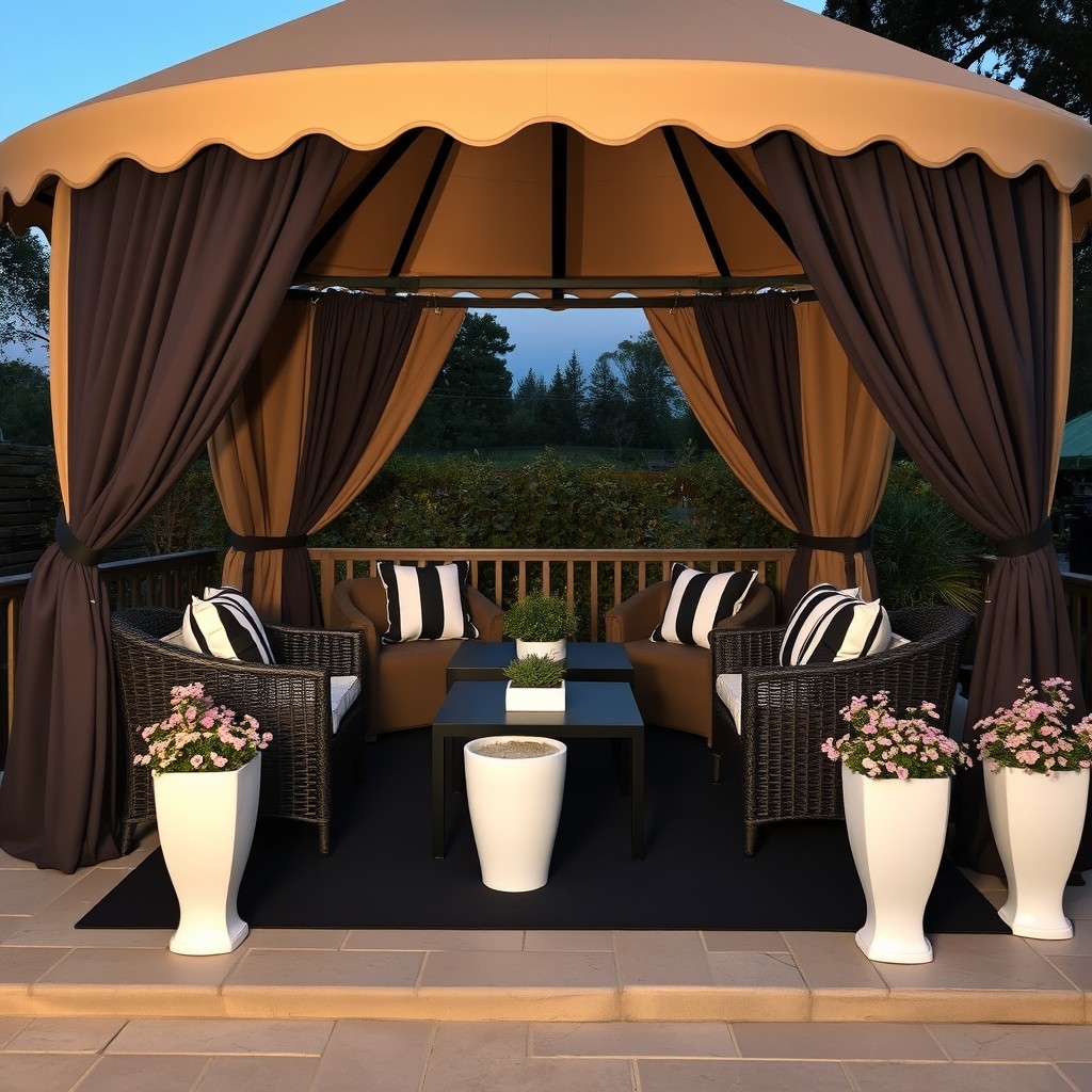 A luxurious chic gazebo setting at dusk, featuring dark brown wicker chairs adorned with black and white striped pillows