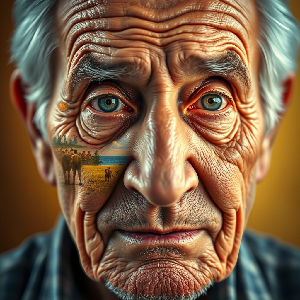 A portrait of an elderly Iranian man, his face showing deep wrinkles and wise expressions, symbolizing the challenges of aging