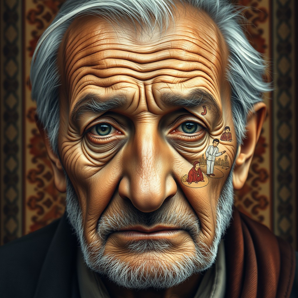 A detailed portrait of an elderly Iranian man with deep wrinkles and a thoughtful expression, his face artistically split open to visually represent the various consequences of Iran's aging population