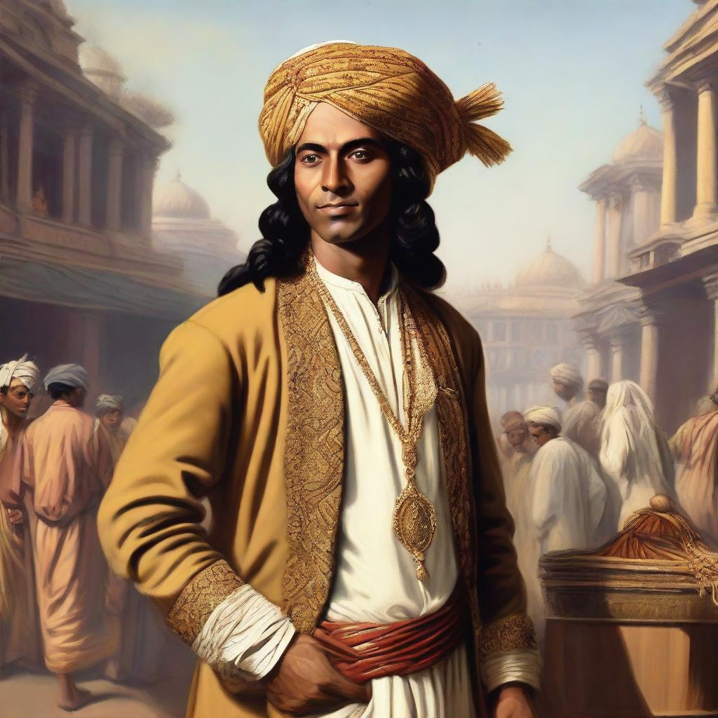 Portrait of an Indian individual set in the year 1747, clad in traditional clothing of that era. Background is a depiction of a bustling bazaar scene characteristic of 18th Century India.