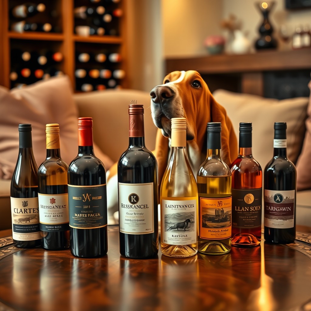 A charming Basset Hound lounging beside a selection of elegant wine bottles, displaying a variety of labels, set in a warm and cozy living room, with soft lighting and plush furniture