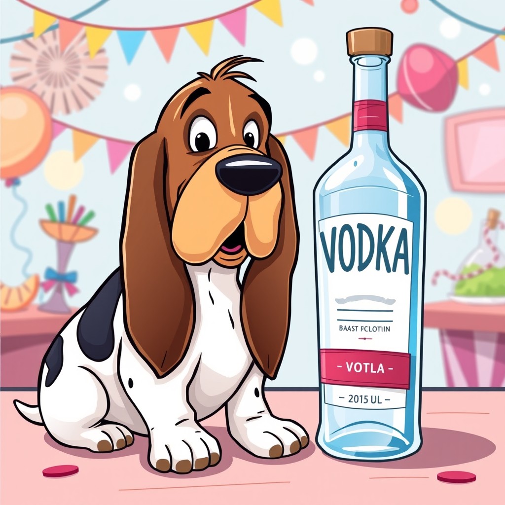 A playful illustration of a Basset Hound featuring its distinct long ears and droopy face, sitting contentedly next to a tall, clear bottle of vodka