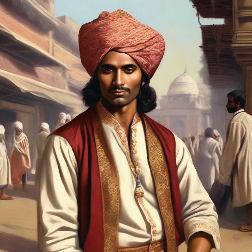 Portrait of an Indian individual set in the year 1747, clad in traditional clothing of that era. Background is a depiction of a bustling bazaar scene characteristic of 18th Century India.