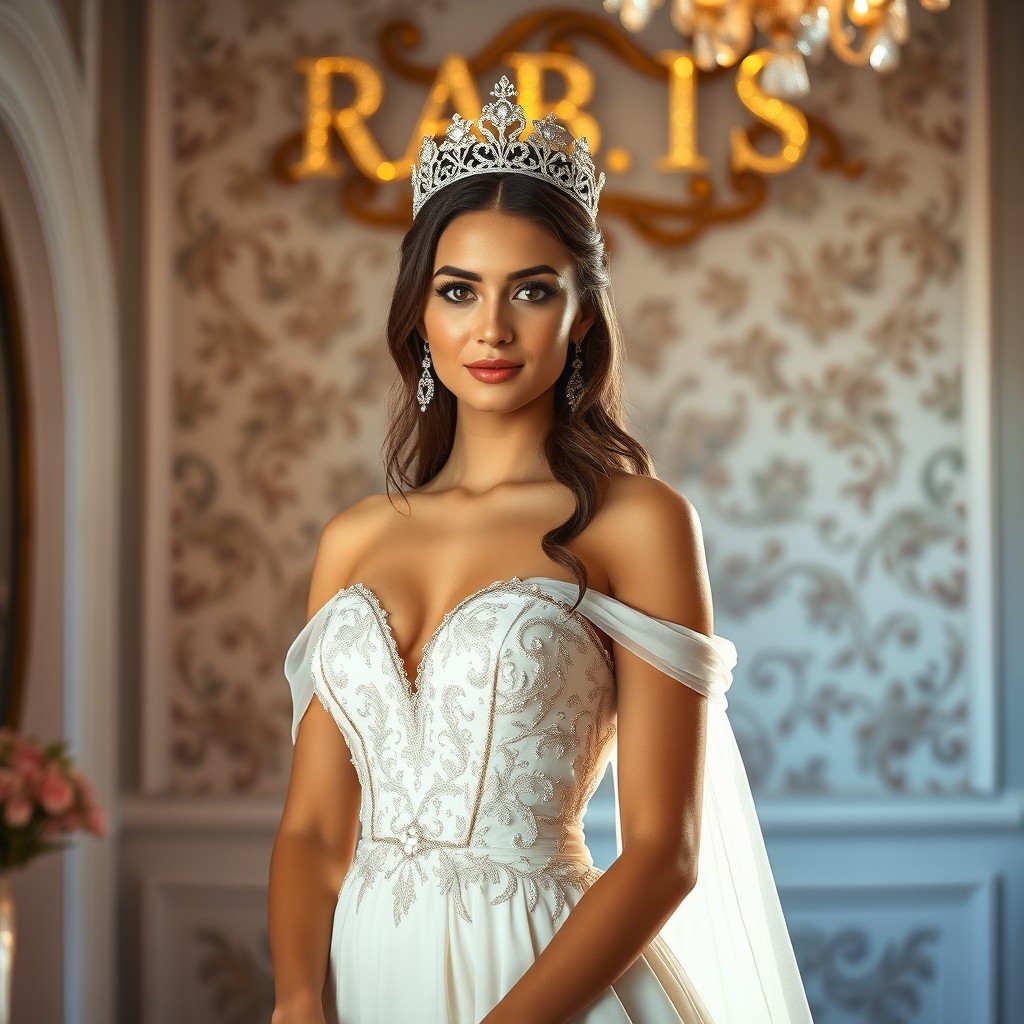 A stunning young woman dressed in a magnificent white gown with a tiara, standing elegantly in a beautifully decorated room