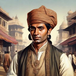 Portrait of an Indian individual set in the year 1747, clad in traditional clothing of that era. Background is a depiction of a bustling bazaar scene characteristic of 18th Century India.