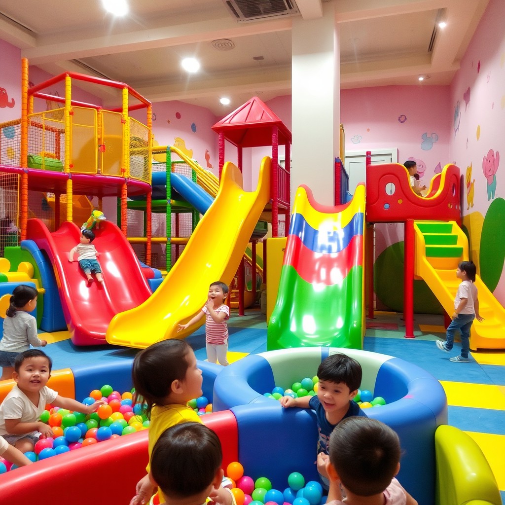 An indoor children's playground, featuring colorful play equipment such as slides, climbing structures, ball pits, and soft play areas