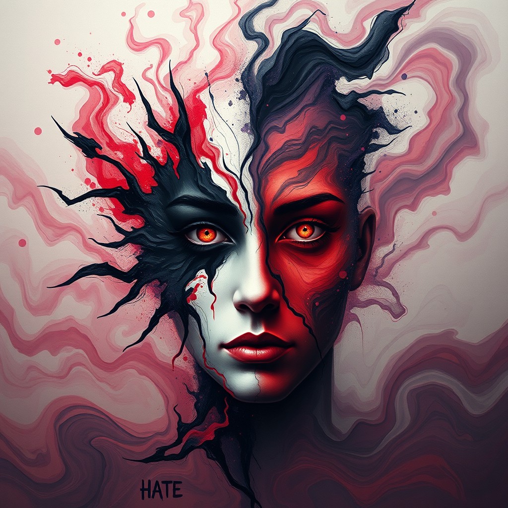 An abstract visual expression of the conflicting emotions of hate and love within a sociopath