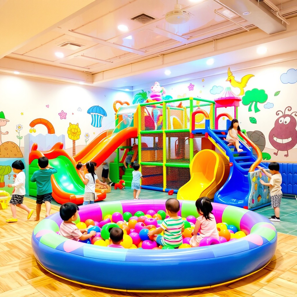 An indoor children's playground located within a cozy environment, featuring vibrant play equipment like slides, climbing structures, and a ball pit
