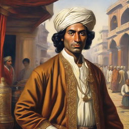 Portrait of an Indian individual set in the year 1747, clad in traditional clothing of that era. Background is a depiction of a bustling bazaar scene characteristic of 18th Century India.