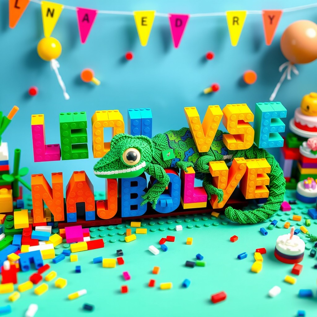 A vibrant birthday scene crafted entirely from colorful LEGO bricks