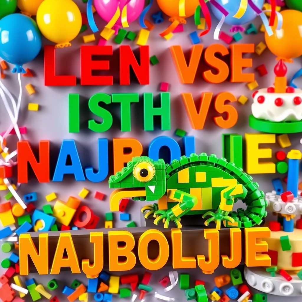 A festive birthday scene made entirely from colorful LEGO bricks, featuring the words 'LEON VSE NAJBOLJŠE' prominently displayed in large, vibrant LEGO letters