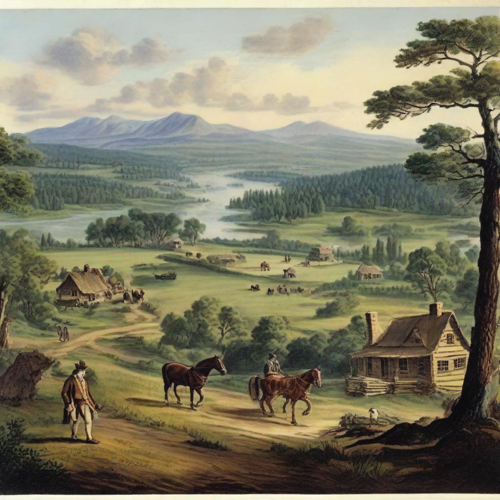 Scenic landscape view of America in 1747, depicting vast untouched wilderness, a small colonial settlement with log cabins, horse-drawn carriages on muddy paths, and settlers clad in typical 18th century clothing.