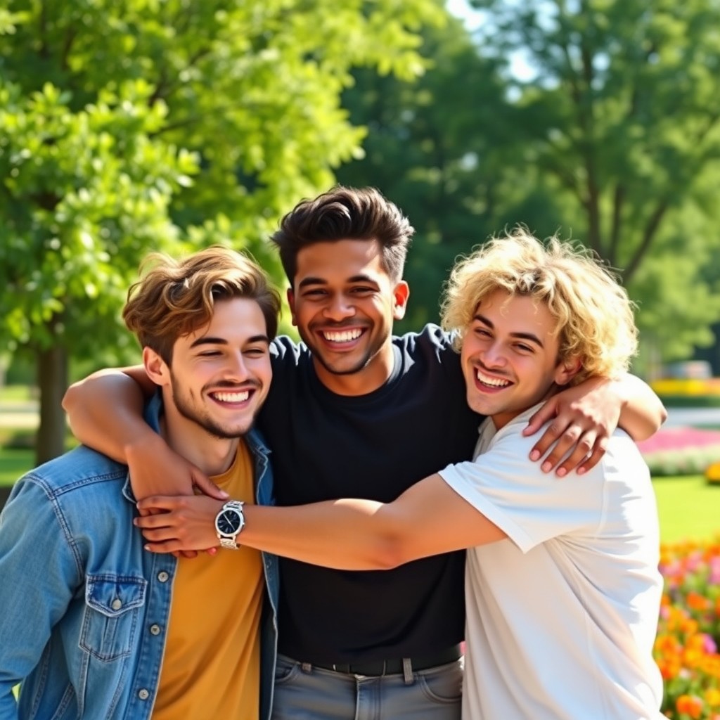 A heartwarming scene depicting three male friends smiling warmly and embracing each other in a joyful moment
