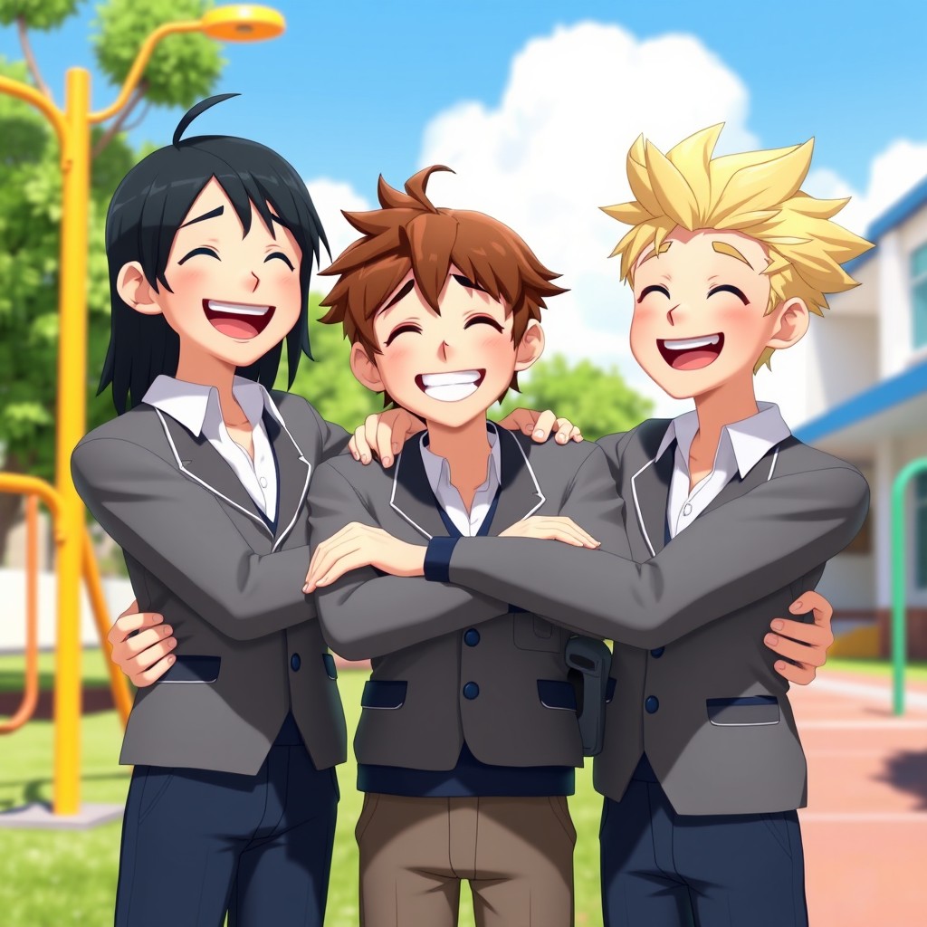 A delightful 3D rendering of three tall male characters, all in middle school uniforms, smiling happily and embracing each other in a friendly manner