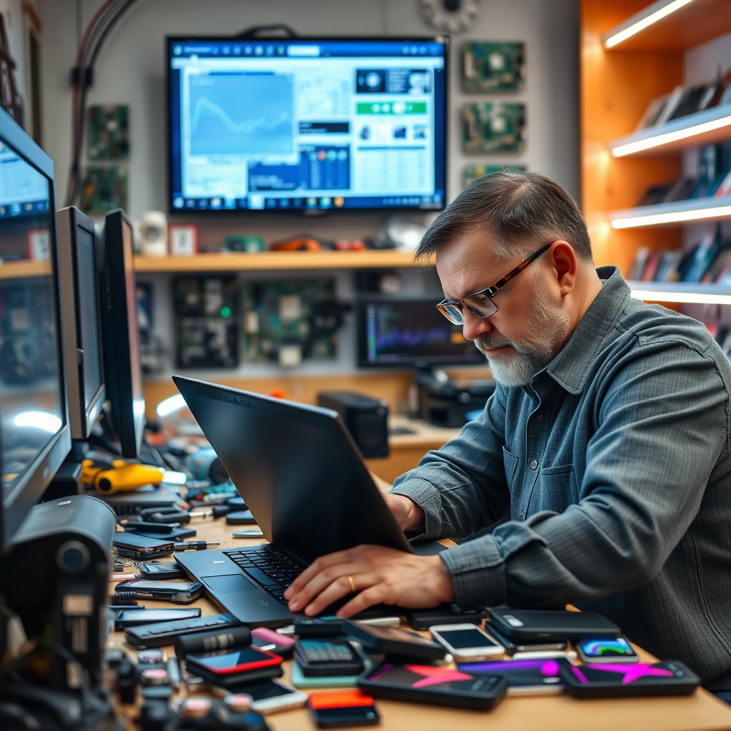A detailed scene in a modern computer and mobile phone repair workshop, featuring a technician at work