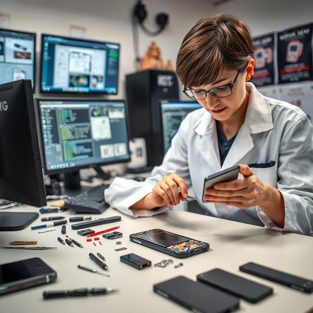 A specialized and professional-looking scene in a mobile and computer repair shop