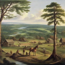 Scenic landscape view of America in 1747, depicting vast untouched wilderness, a small colonial settlement with log cabins, horse-drawn carriages on muddy paths, and settlers clad in typical 18th century clothing.