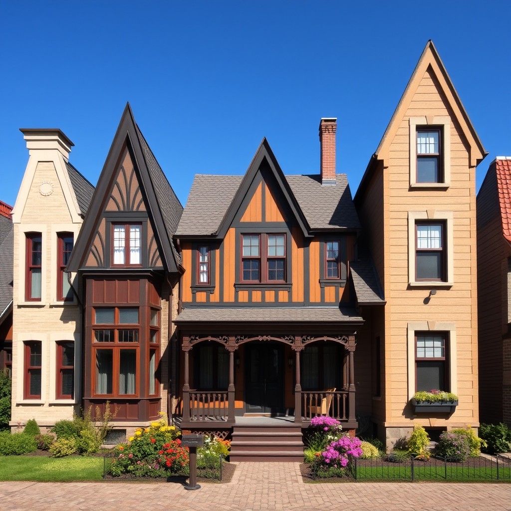 A narrow house with a variety of unique roof designs, showcasing a blend of architectural styles