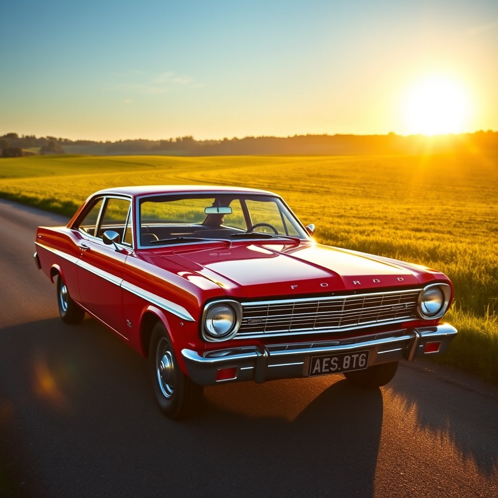 A classic Ford Taunus TC2, parked on a scenic countryside road during the golden hour