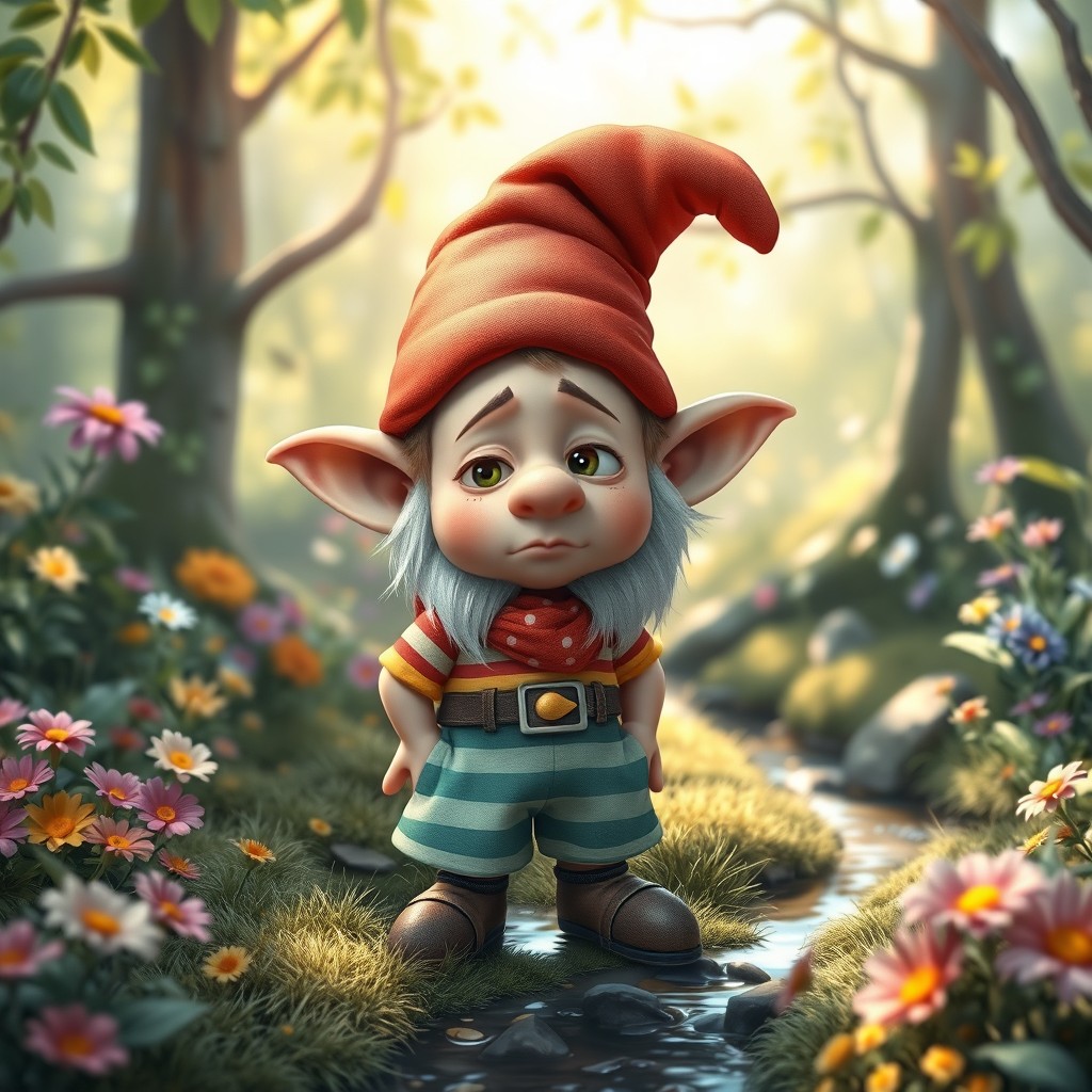 An awkward teenage gnome standing in a whimsical forest, with oversized ears, a slightly oversized hat, and a hesitant expression