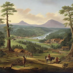 Scenic landscape view of America in 1747, depicting vast untouched wilderness, a small colonial settlement with log cabins, horse-drawn carriages on muddy paths, and settlers clad in typical 18th century clothing.