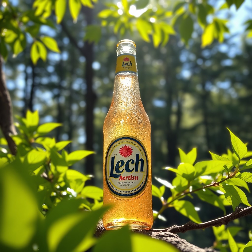 A refreshing bottle of Lech beer placed on a tree branch, surrounded by vibrant green leaves