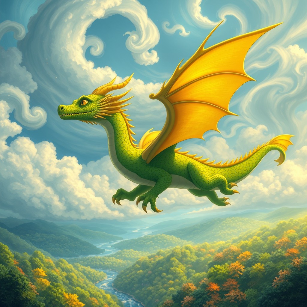 A majestic dragon, featuring vibrant green and gold colors, soaring gracefully through a mystical sky filled with swirling clouds