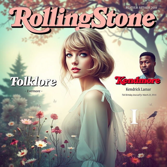 A vibrant and captivating poster featuring Taylor Swift as the main artist in a dreamy, whimsical style inspired by the Folklore album cover, incorporating soft, ethereal colors such as pastel greens, blues, and soft browns