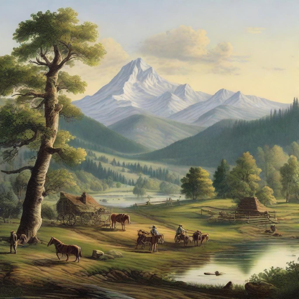 Scenic landscape view of America in 1747, depicting vast untouched wilderness, a small colonial settlement with log cabins, horse-drawn carriages on muddy paths, and settlers clad in typical 18th century clothing.