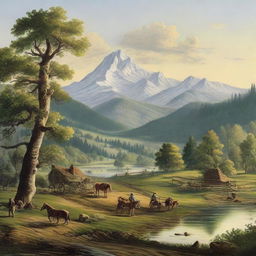 Scenic landscape view of America in 1747, depicting vast untouched wilderness, a small colonial settlement with log cabins, horse-drawn carriages on muddy paths, and settlers clad in typical 18th century clothing.