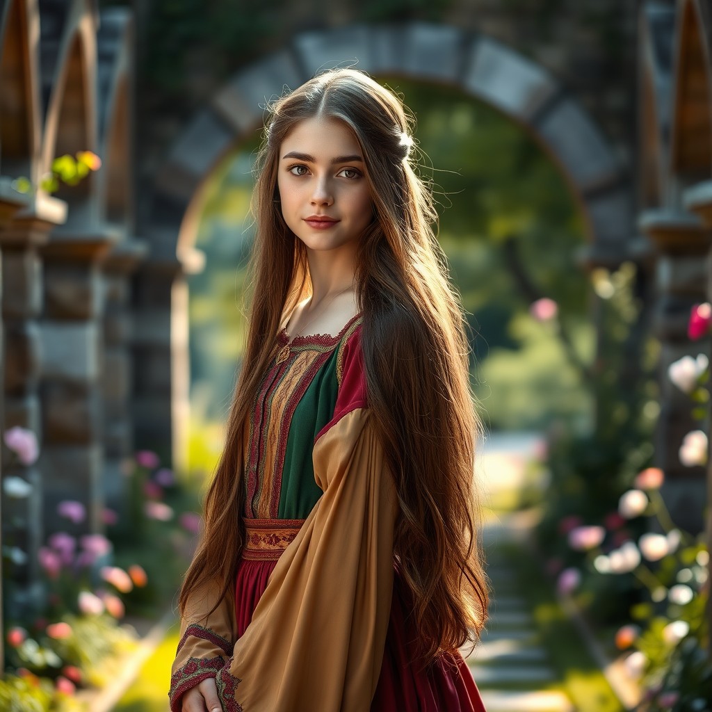 A young beautiful medieval noble girl standing gracefully, with long flowing brown hair cascading down her shoulders