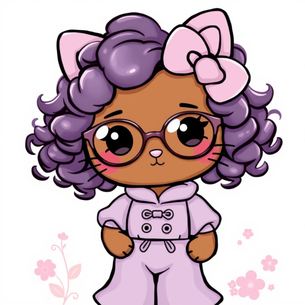 A cute character resembling Hello Kitty, featuring curly hair and a brown skin tone, with a rabbit-like appearance
