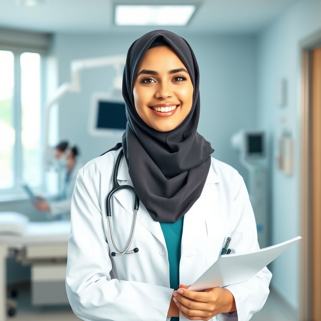A female doctor wearing a stylish hijab, standing confidently in a bright and modern hospital setting