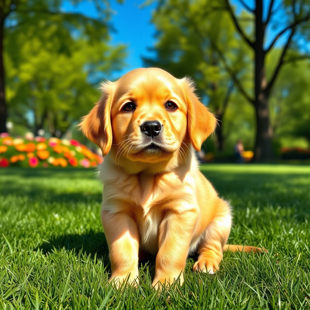 A realistic and adorable golden retriever puppy sitting in a lush green park with a bright blue sky above