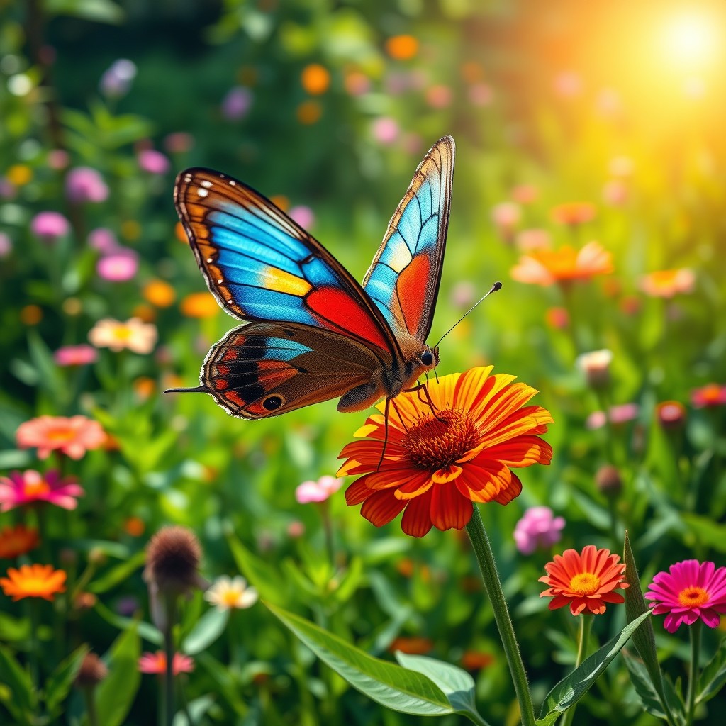 A stunningly realistic butterfly perched on a vibrant flower in its natural habitat, showcasing the intricate details of its wings, with bright colors of blue, orange, and black