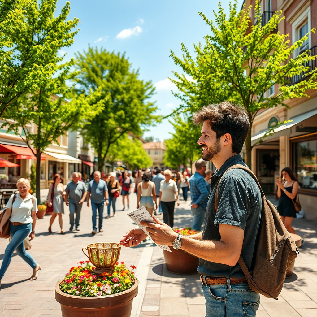 A vibrant scene depicting a person handing out flyers in a lively town square in a small interior city