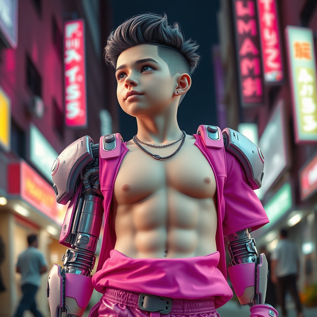 A thicc pink boy, designed with a futuristic half-robot appearance