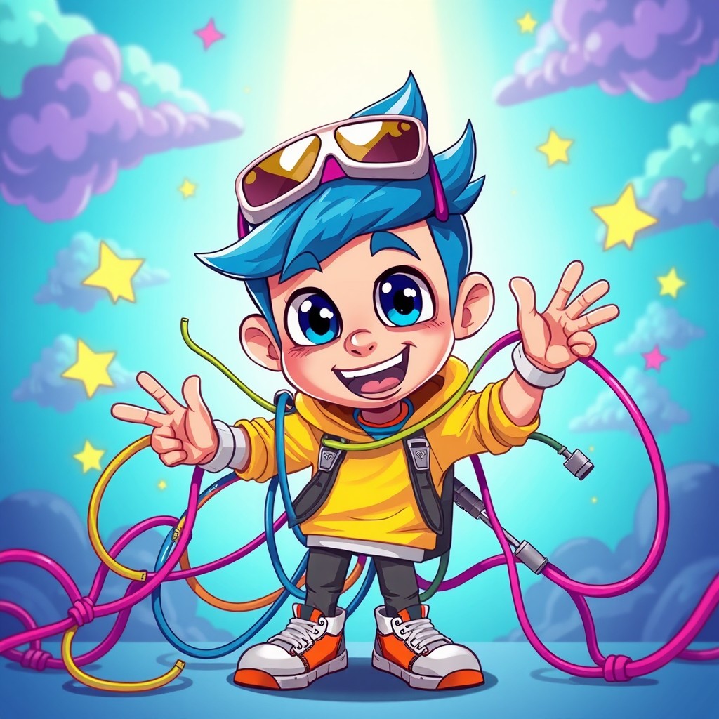 A cartoonish and humorous portrayal of a Youtuber character, resembling Dash, with exaggerated features and a playful expression