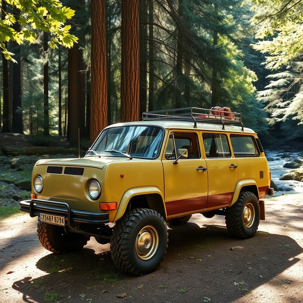 A vintage 1980 VW Dasher wagon, modified to be a 4x4 vehicle, parked in a lush forested area