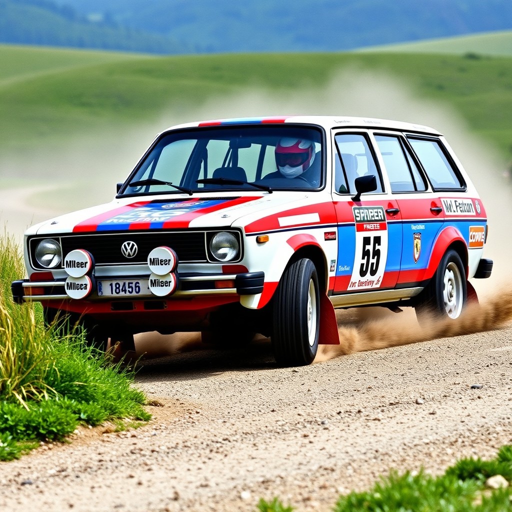 A 1980 VW Dasher wagon designed for rally racing, featuring a vibrant racing livery with bold graphics and sponsor logos