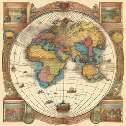 An illustrated globe depicting the world during the 15th century. Colorfully outlined continents with major kingdoms, trade routes, and exploration paths of the era are marked on it.