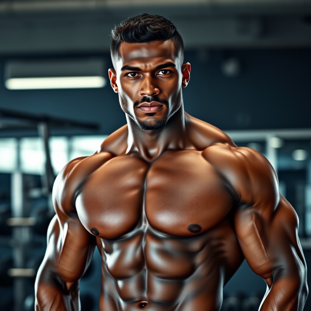 A muscular man with dark brown skin, showcasing his impressive physique