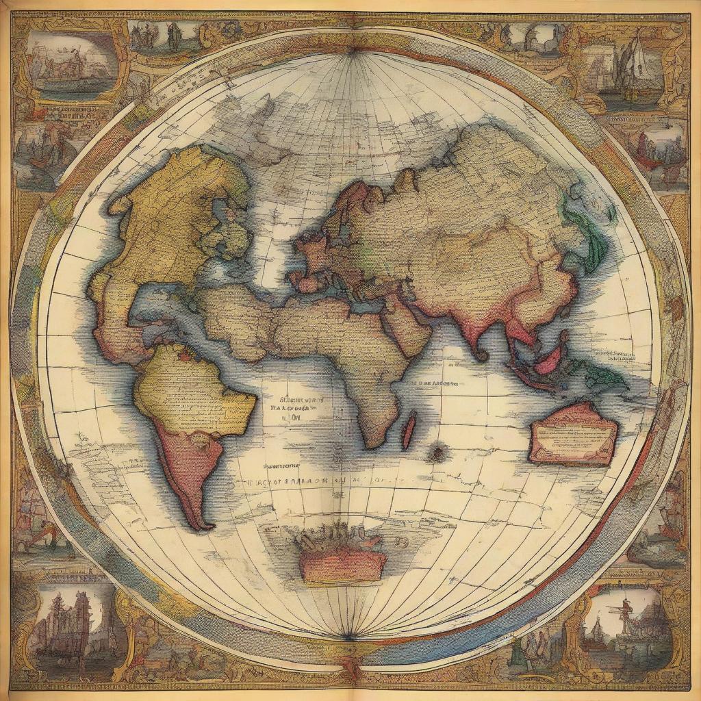 An illustrated globe depicting the world during the 15th century. Colorfully outlined continents with major kingdoms, trade routes, and exploration paths of the era are marked on it.